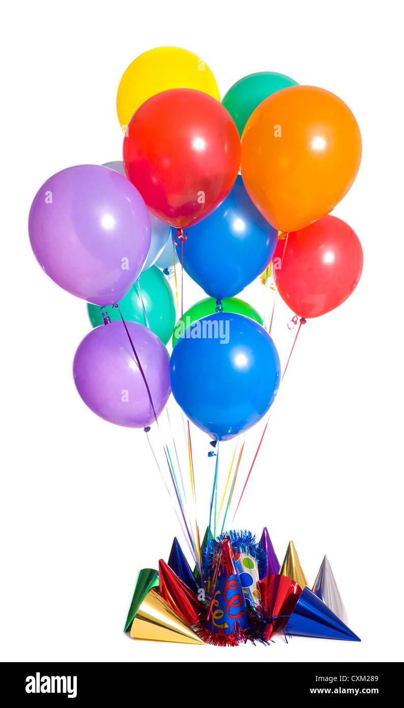 Birthday party background with party hats, floating balloons and streamers Stock Photo