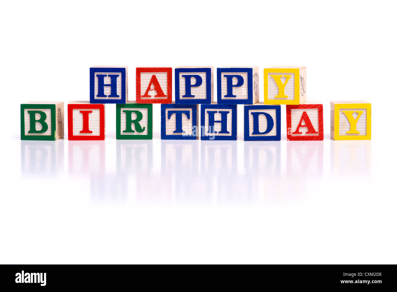 The words 'happy birthday' spelled out in wooded block on a white background with copy space Stock Photo