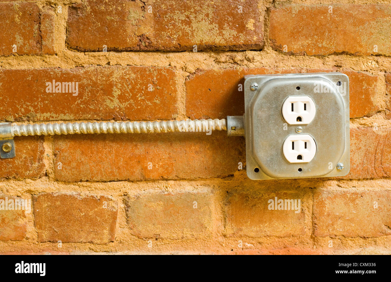 An industrial electrical outlet on a brick wall with copy space Stock