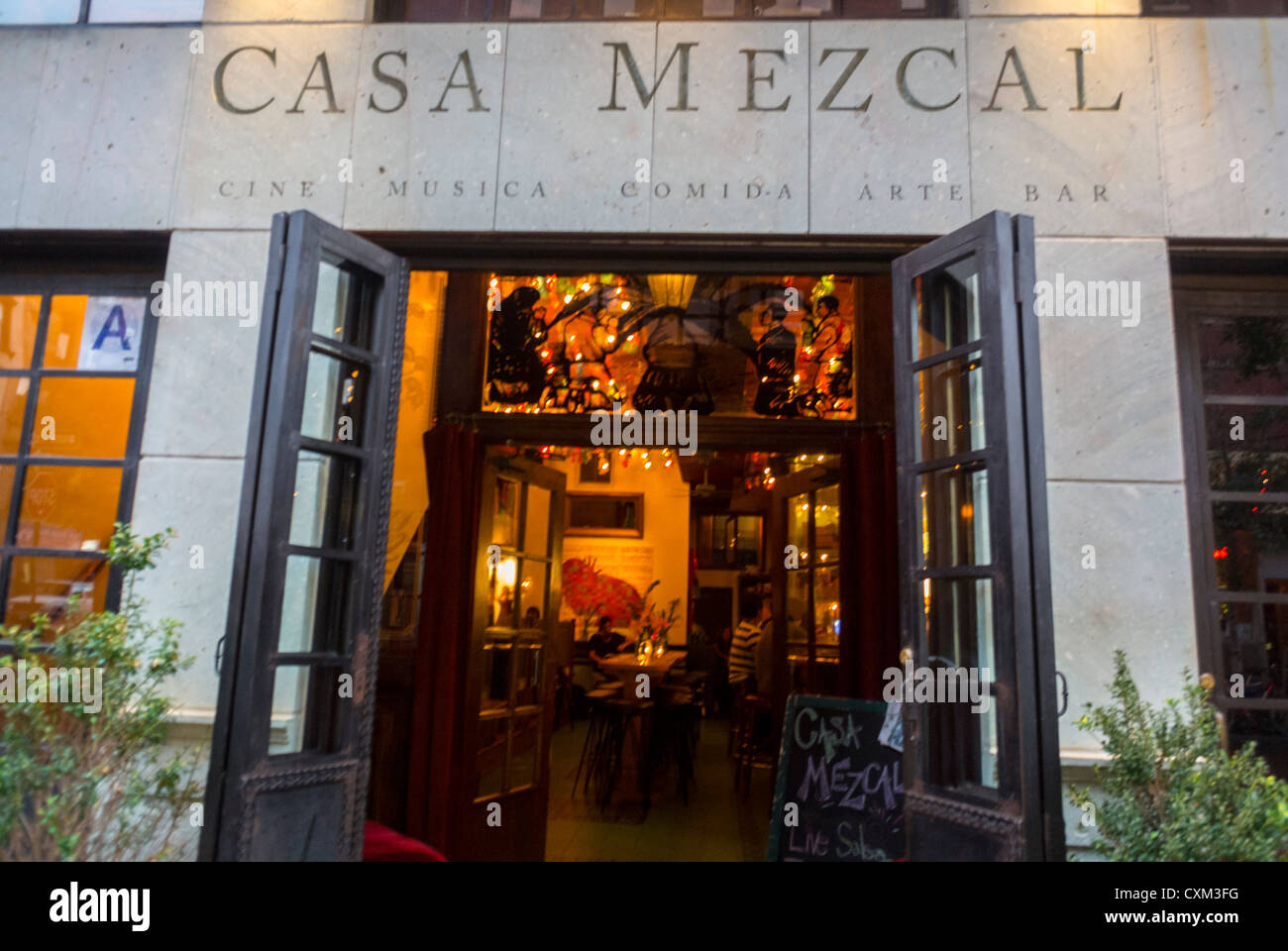 New York City, NY, USA, Mexican Restaurant, Bar, in Lower East Side, Manhattan 'Casa Mezcal', restaurant front door lights open Stock Photo