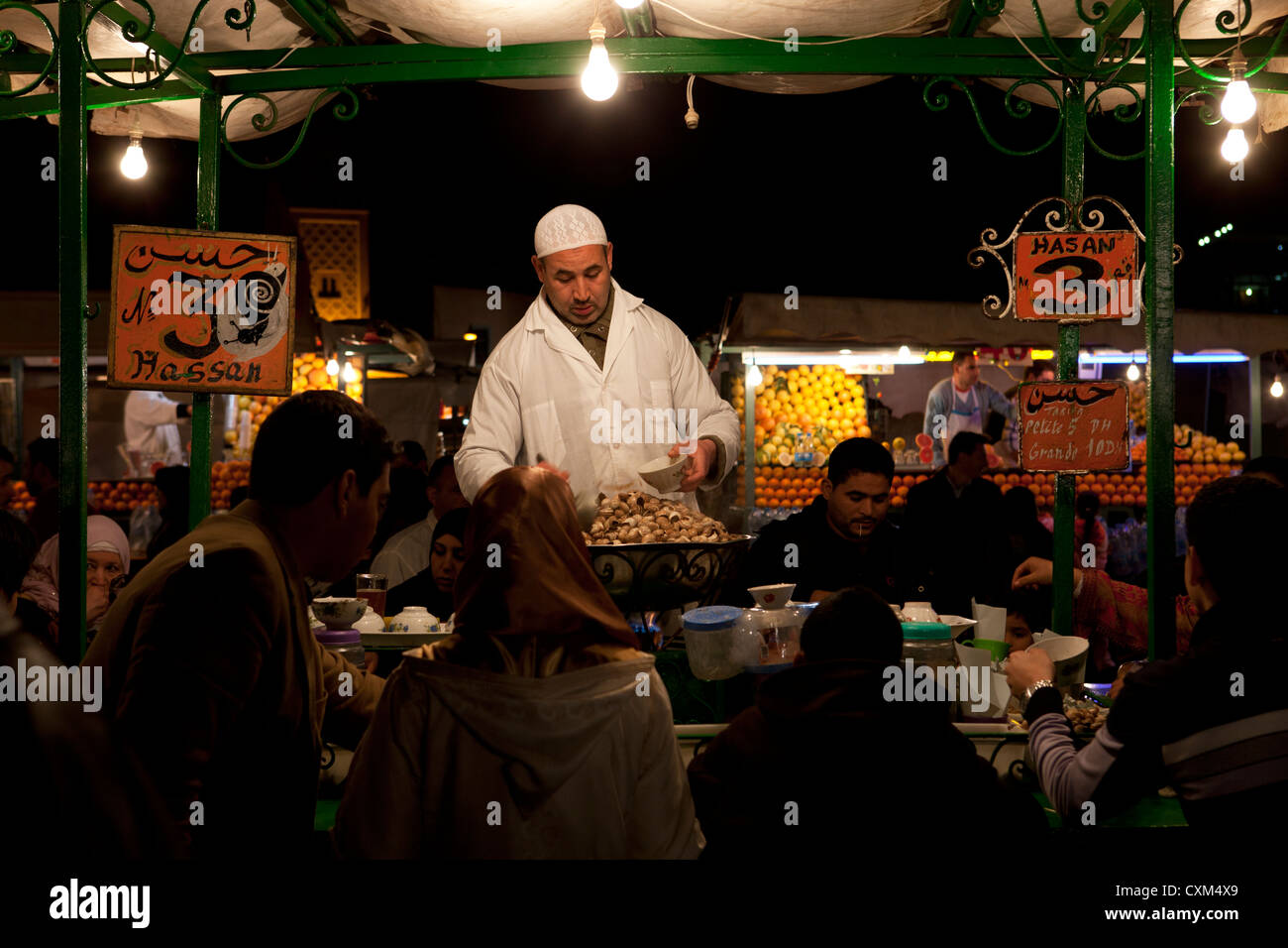 Food stall selling snails, Jamaa el Fna Square in Marrakech, Morocco Stock Photo