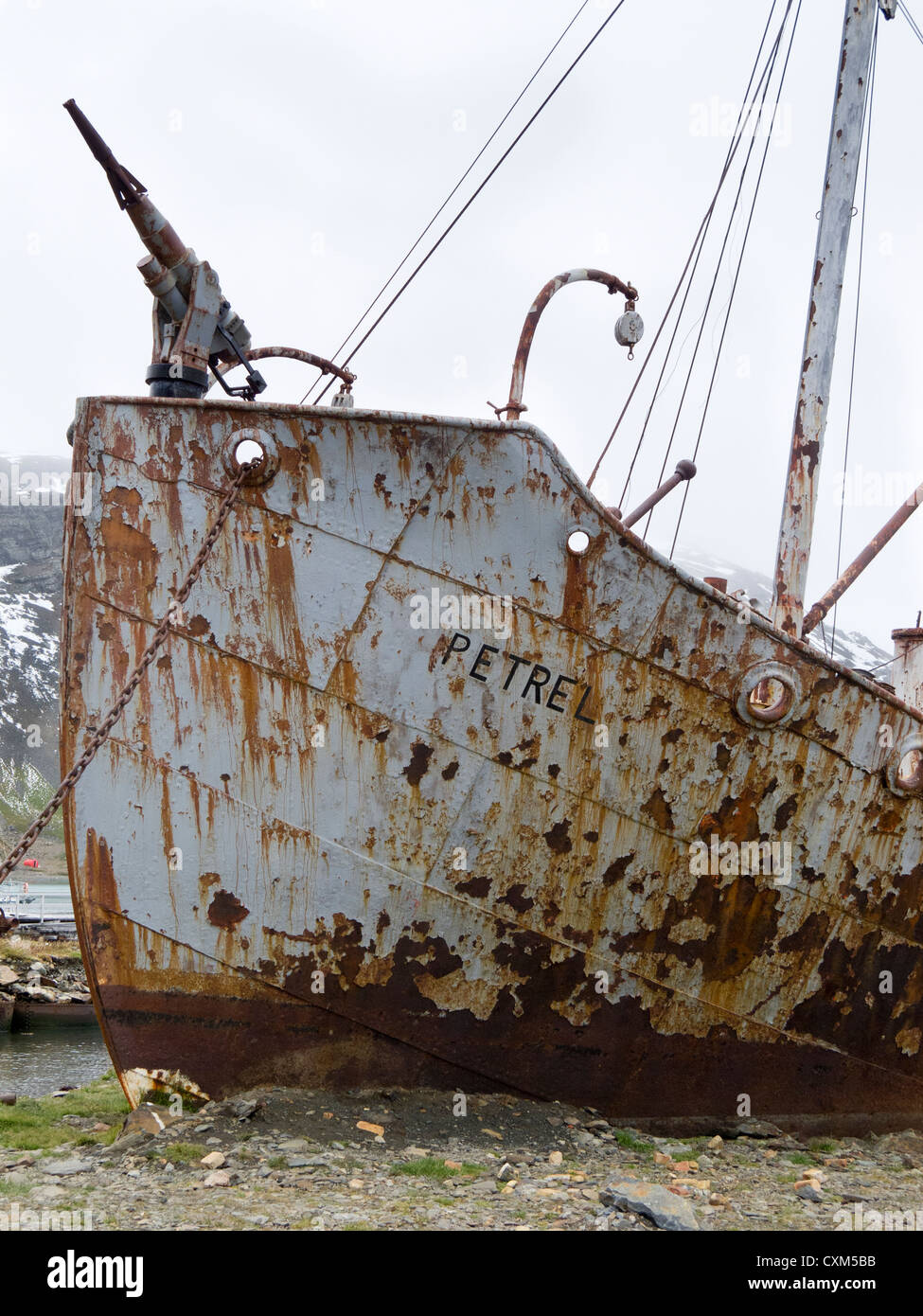 A derelict whaling ship, the Petrel, in Grytviken, South Georgia Island. Stock Photo