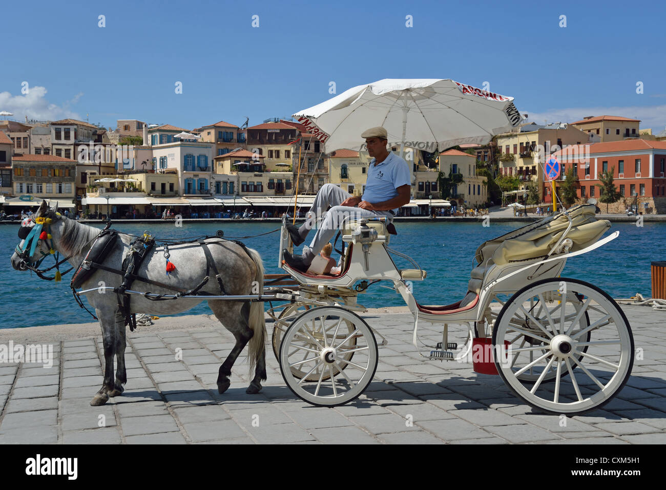 Horse carriage on seafront promenade, Chania, Chania Region, Crete, Crete Region, Greece Stock Photo