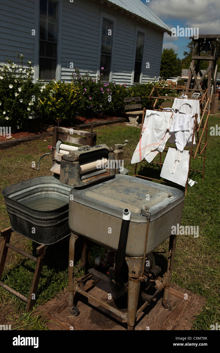 Antique motorized Maytag washing machine & wringer displayed at White River Valley Antique Show. Daviess County, Indiana, USA Stock Photo