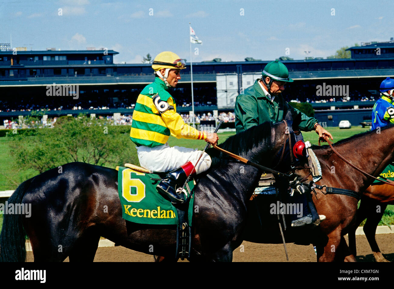 THOROUGHBRED HORSE AND JOCKEY WAITING FOR THE RACE TO START / KEENELAND RACE COURSE, LEXINGTON, KENTUCKY Stock Photo