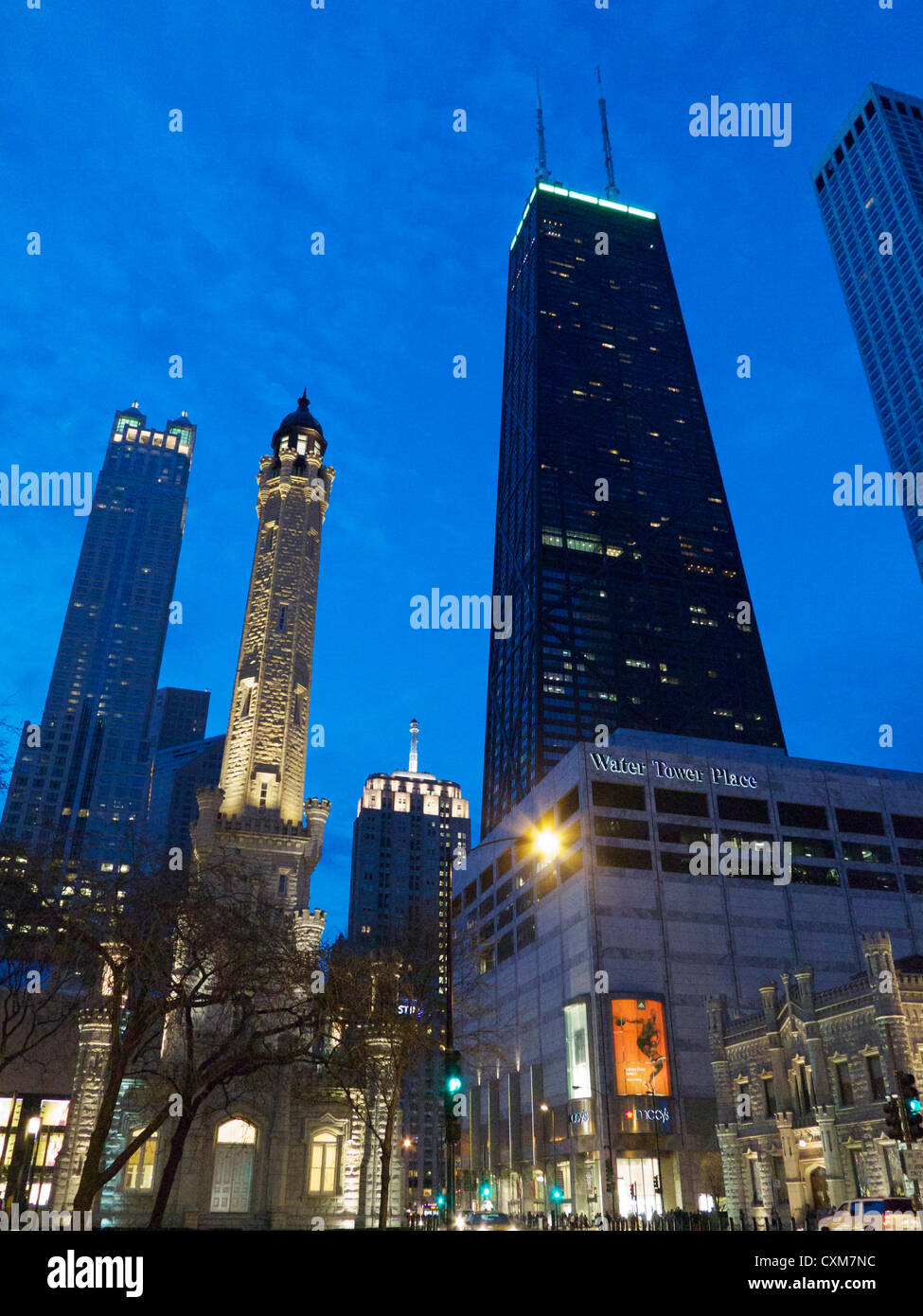 Chicago Water Tower, Water Tower Place and John Hancock Center. Chicago, Illinois Stock Photo