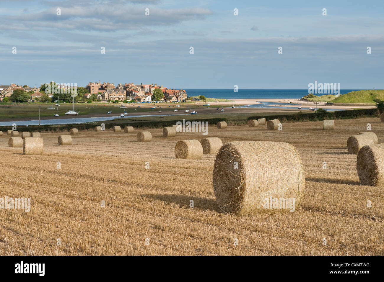 Straw bales in field and Alnmouth village in distance. Northumberland Stock Photo