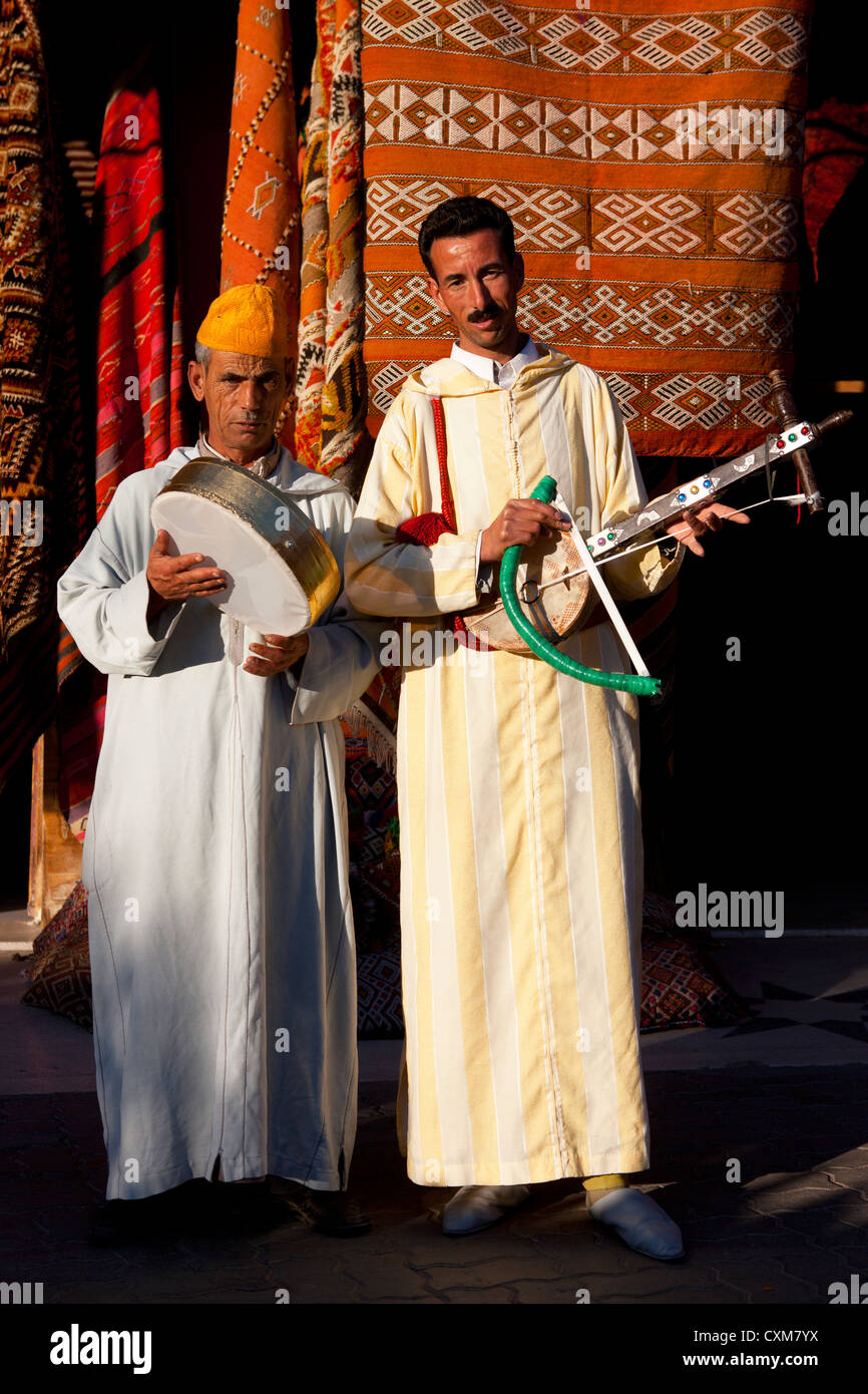 Moroccan musicians playing traditional musical instruments in the Djema