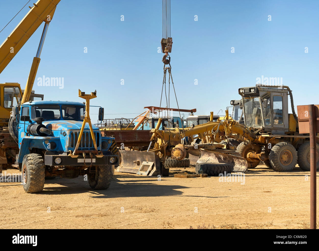 blue, crane, hook, hydraulic, image, industrial, lift, lifting, machinery, movable, vehicle, work, car, equipment, industry, mec Stock Photo