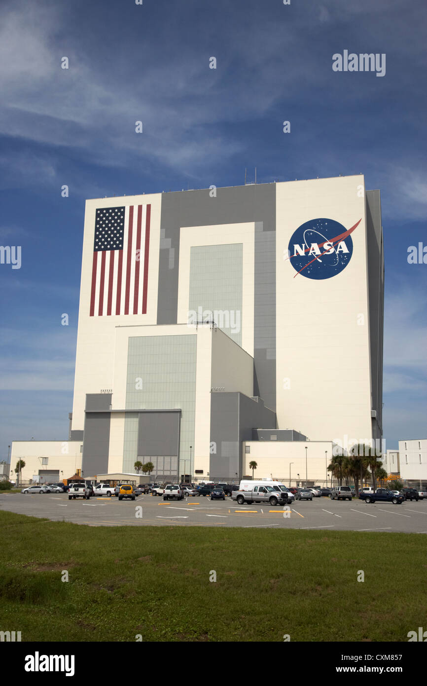 exterior of the vab vehicle assembly building Kennedy Space Center Florida USA photographed through window Stock Photo