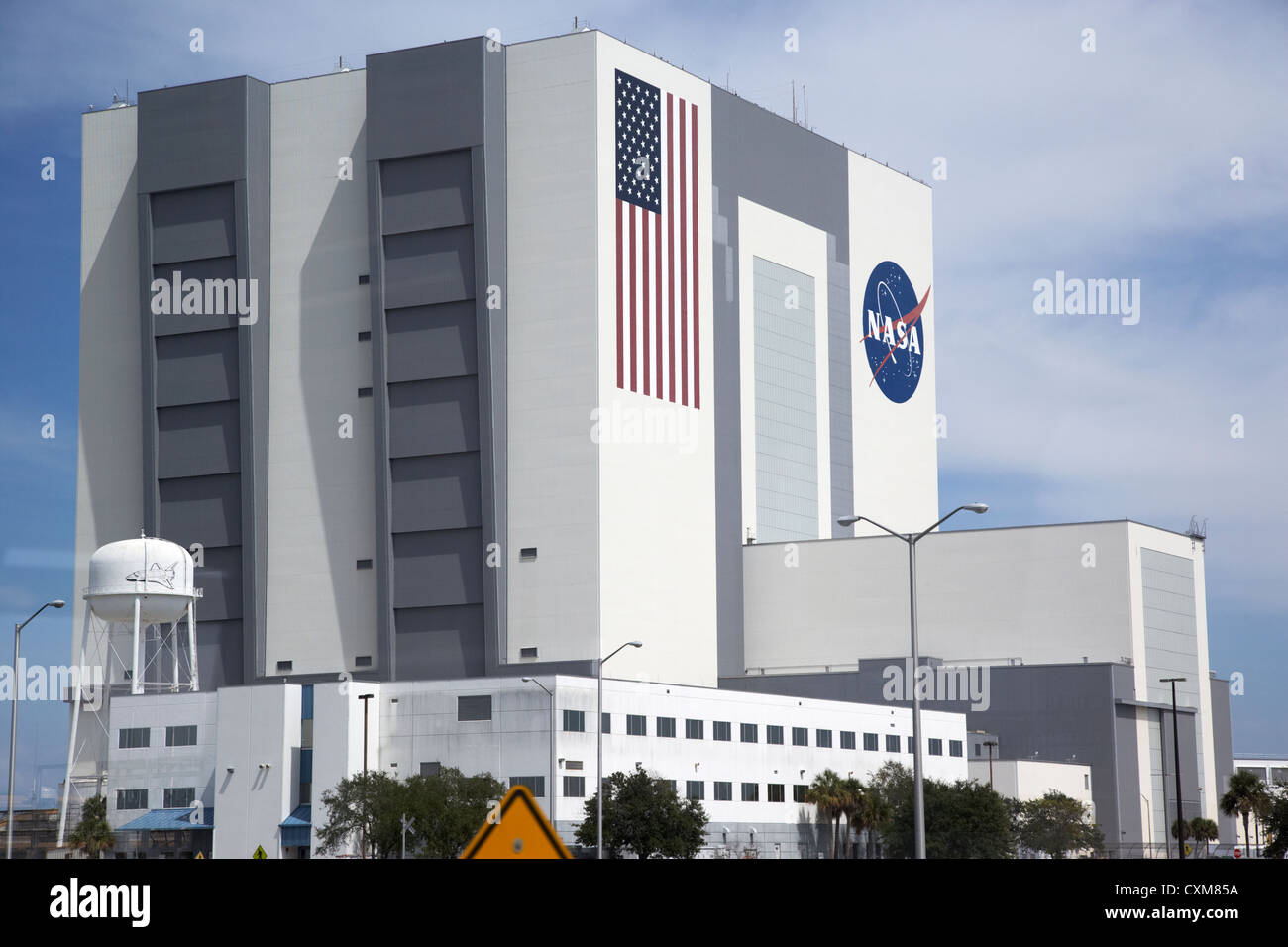 exterior of the vab vehicle assembly building Kennedy Space Center Florida USA photographed through window Stock Photo