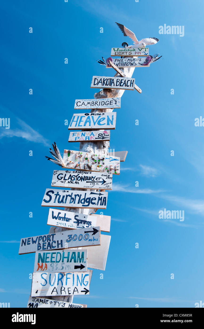 Closeup of an all directions sign post against a blue sky, Moody Beach