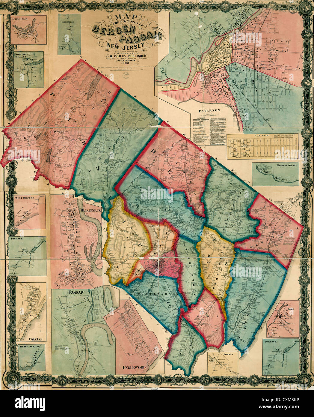 Map of the counties of Bergen and Passaic, New Jersey : from actual surveys 1861 Stock Photo