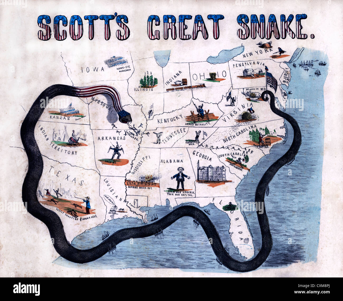 Cartoon map illustrating General Winfield Scott's plan to crush the Confederacy, economically. It is sometimes called the 'Anaconda plan.', USA Civil War, 1861 Stock Photo
