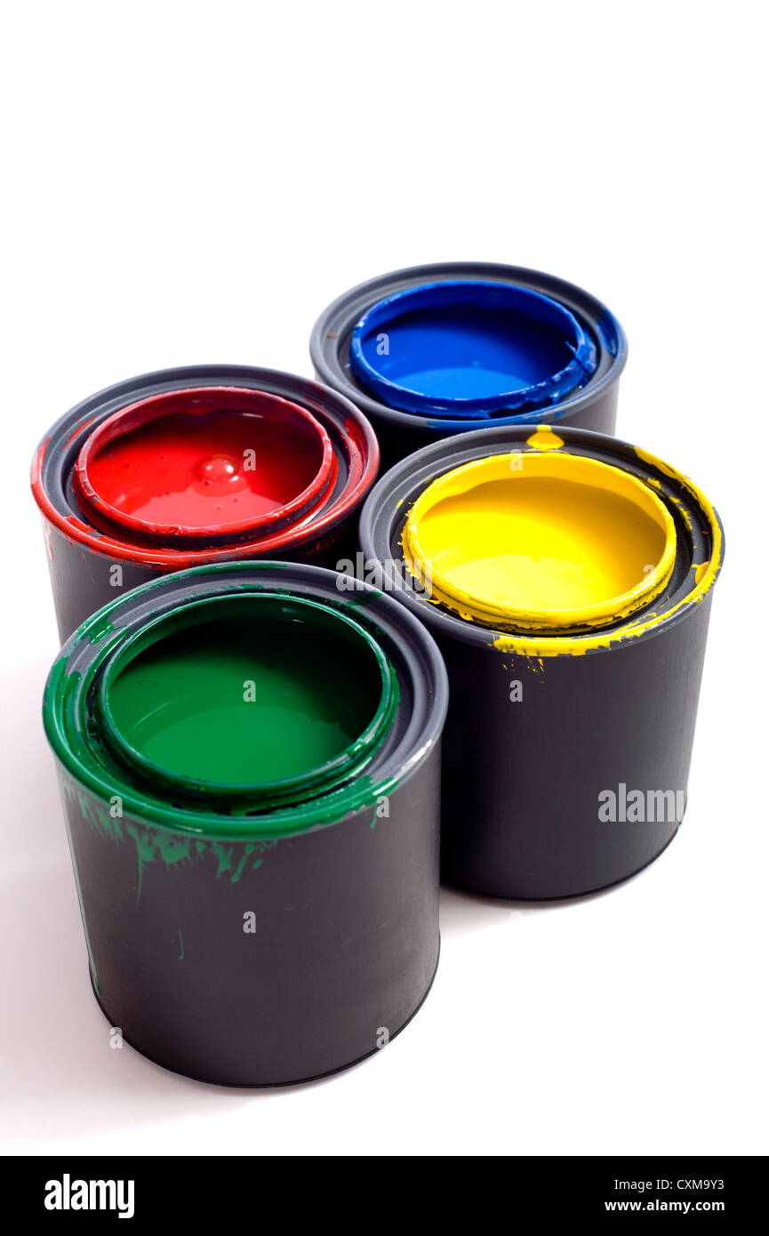 Colorful cans of paint on a white background forming a colorful background with space for copy etc. Stock Photo