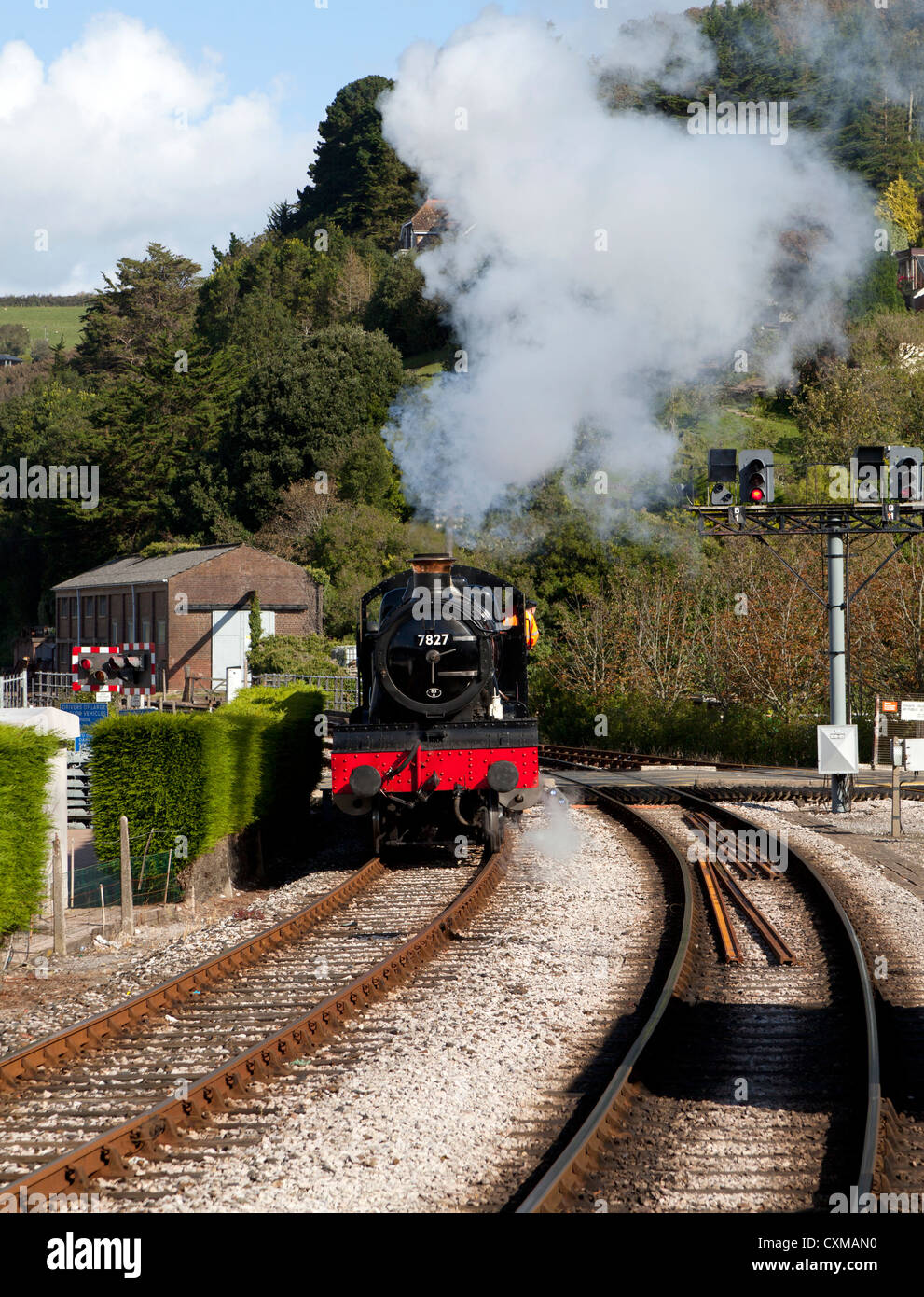 Steam locomotive approaching Kingswear railway station, Dartmouth, Devon, England. Stock Photo