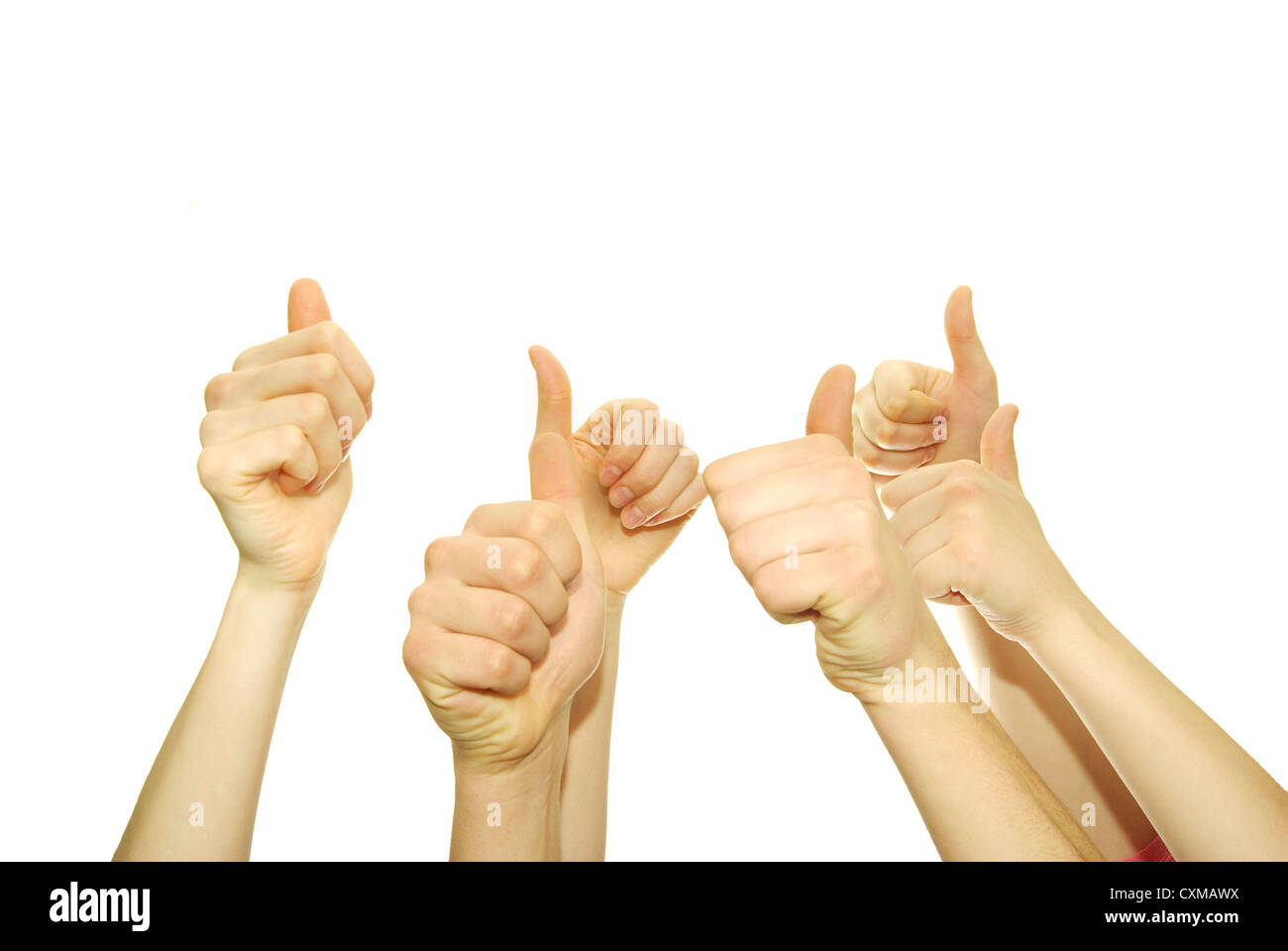 Many hand lifted up on white background Stock Photo