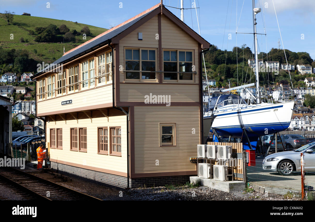 Kingswear railway station for Dartmouth showing the old signal box which is opposite the station platform. Stock Photo