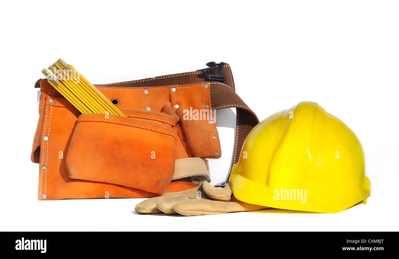 yellow construction helmet, gloves and belt tools on white background Stock Photo