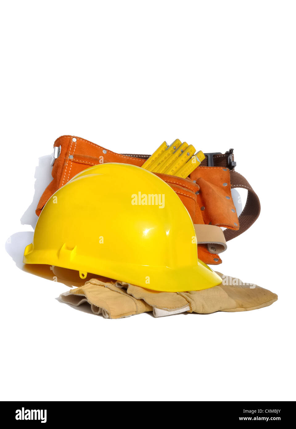 yellow construction helmet, gloves and belt tools on white background Stock Photo