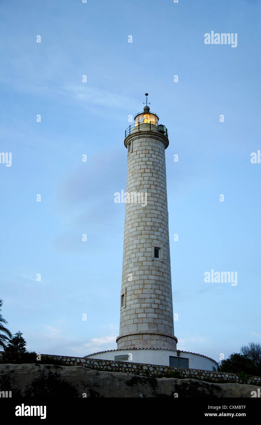 Lighthouse, El Faro, La Cala de Mijas, Malaga Andalusia, Spain, in evening light. Stock Photo