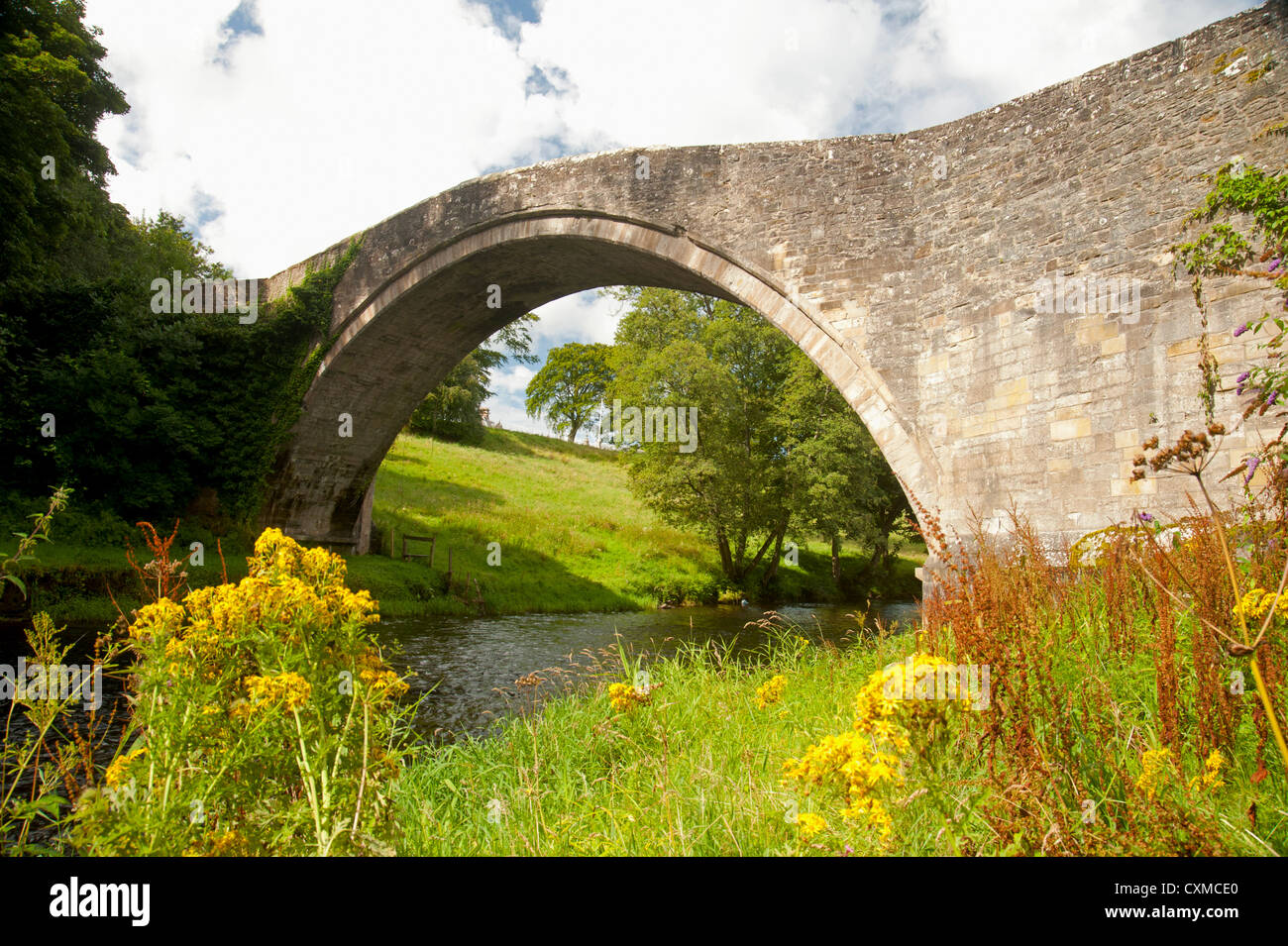 The Brig o' Doon, a late medieval single arched bridge over the River Doon, Alloway, Ayrshire. Scotland.  SCO 8614 Stock Photo