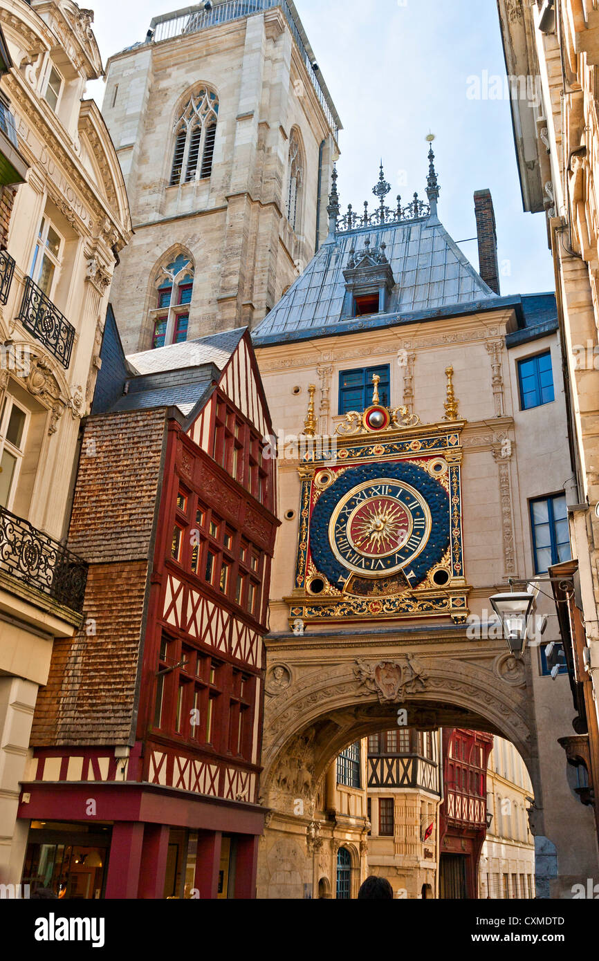 Half-Timbered Houses and Great Clock at Rouen, Normandy, France Stock Photo