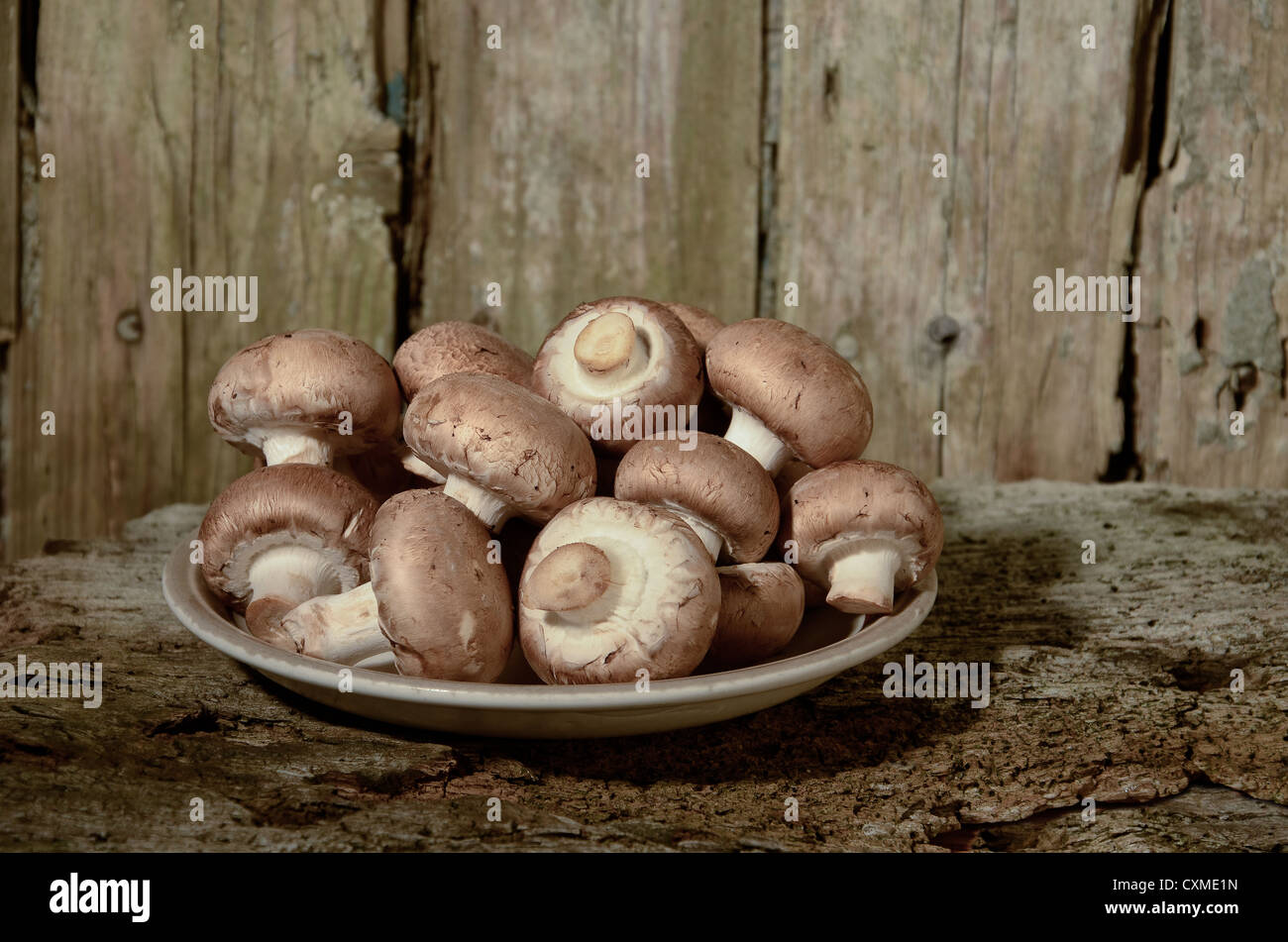 fungi organic produce button brown mushrooms uncooked in a plate ready