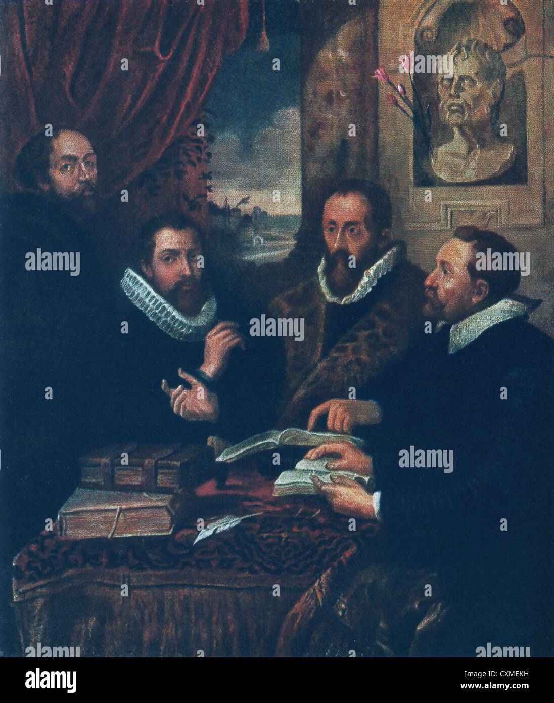 Painted by Peter Paul Rubens, Four Philosophers shows Lipsius, pupil, Rubens at far left, and his brother next to him. Stock Photo