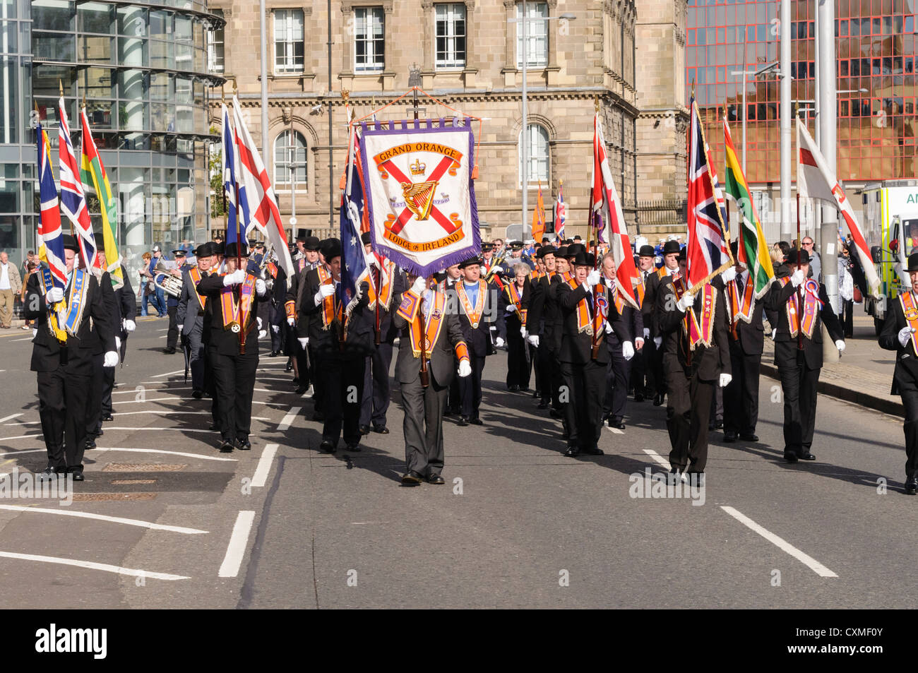Banner of the Grand Orange Lodge of Ireland being carried during an