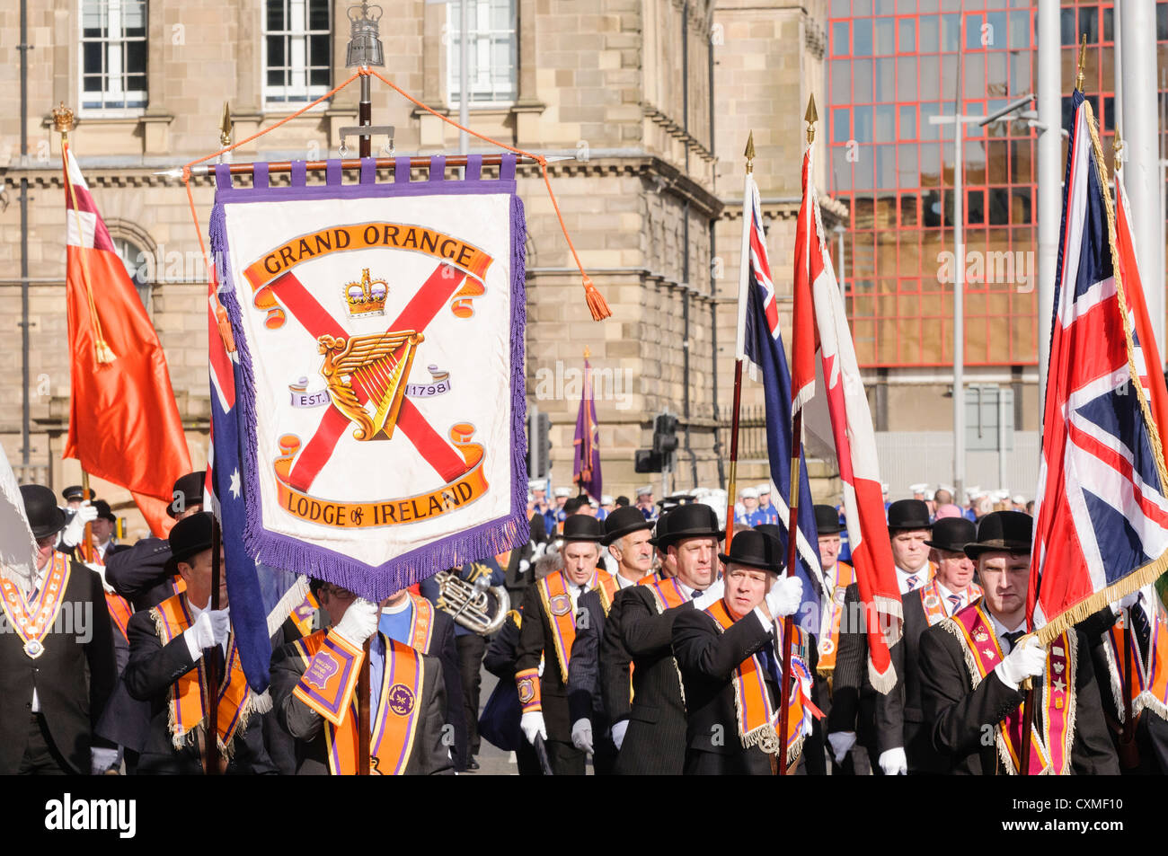 Banner of the Grand Orange Lodge of Ireland being carried during an