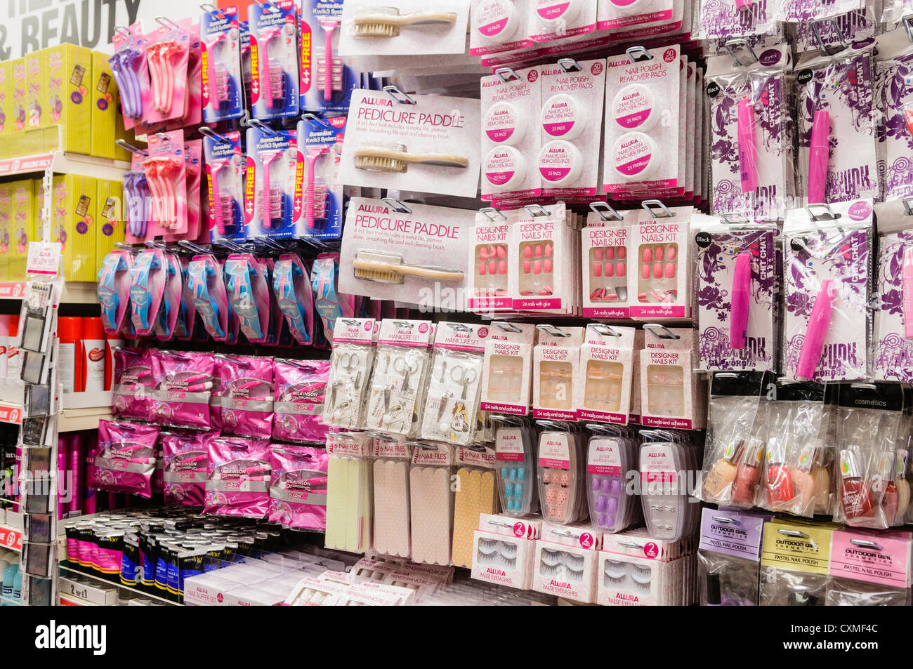 Manicure and Pedicure beauty products on sale on the shelves in a