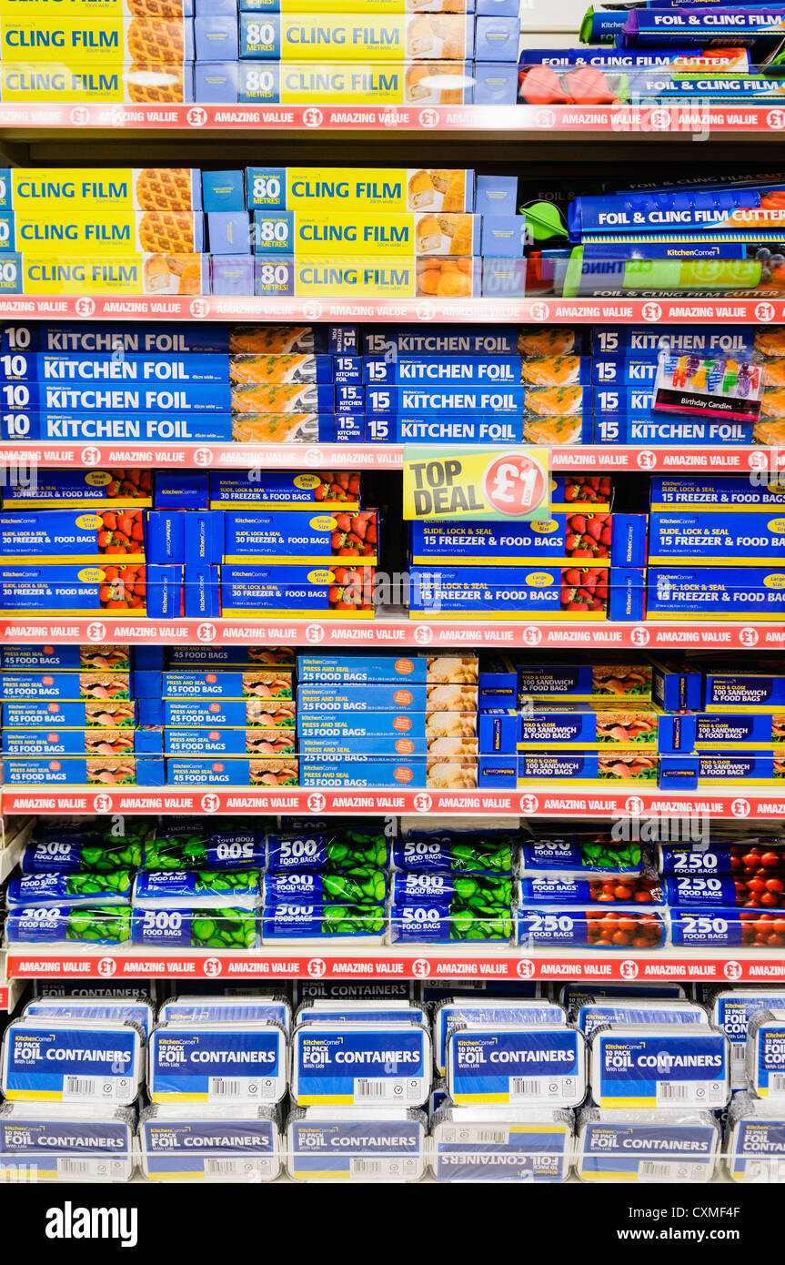 Food wrap products on sale on the shelves in a Poundland shop store
