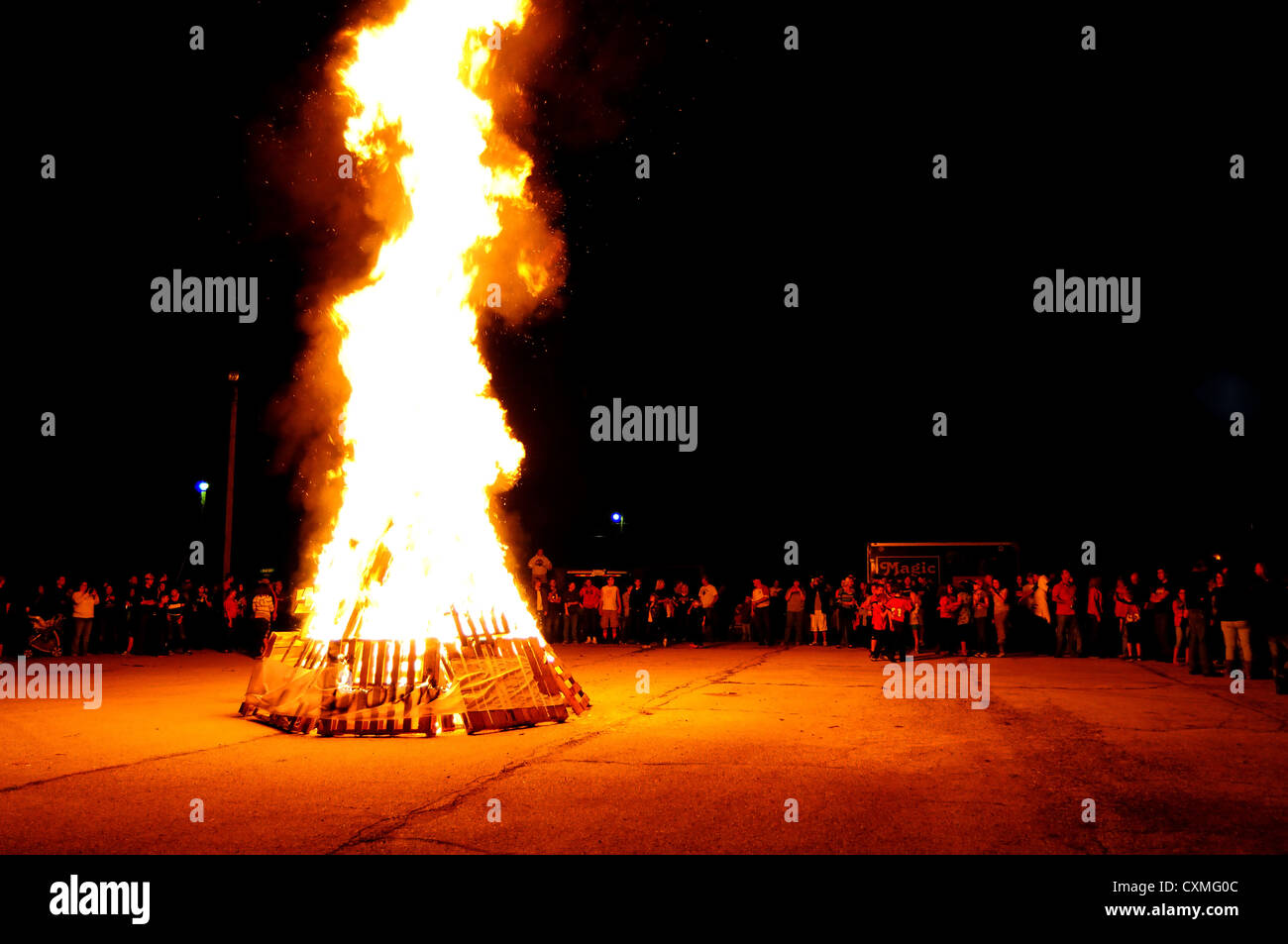 A bonfire at an autumn high school pep rally Stock Photo
