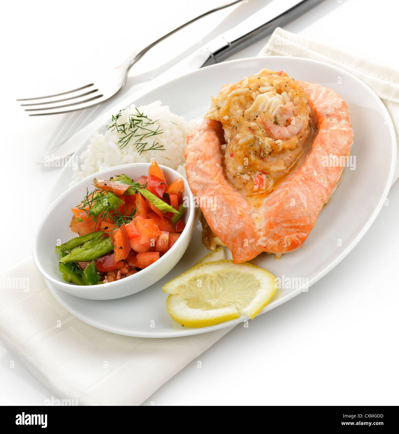 Stuffed Salmon With Rice And Vegetables Stock Photo Alamy