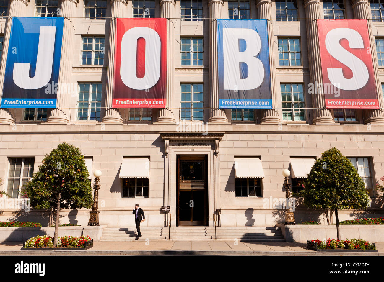 Large JOBS banner on US Chamber Of Commerce Building - Washington, DC USA Stock Photo