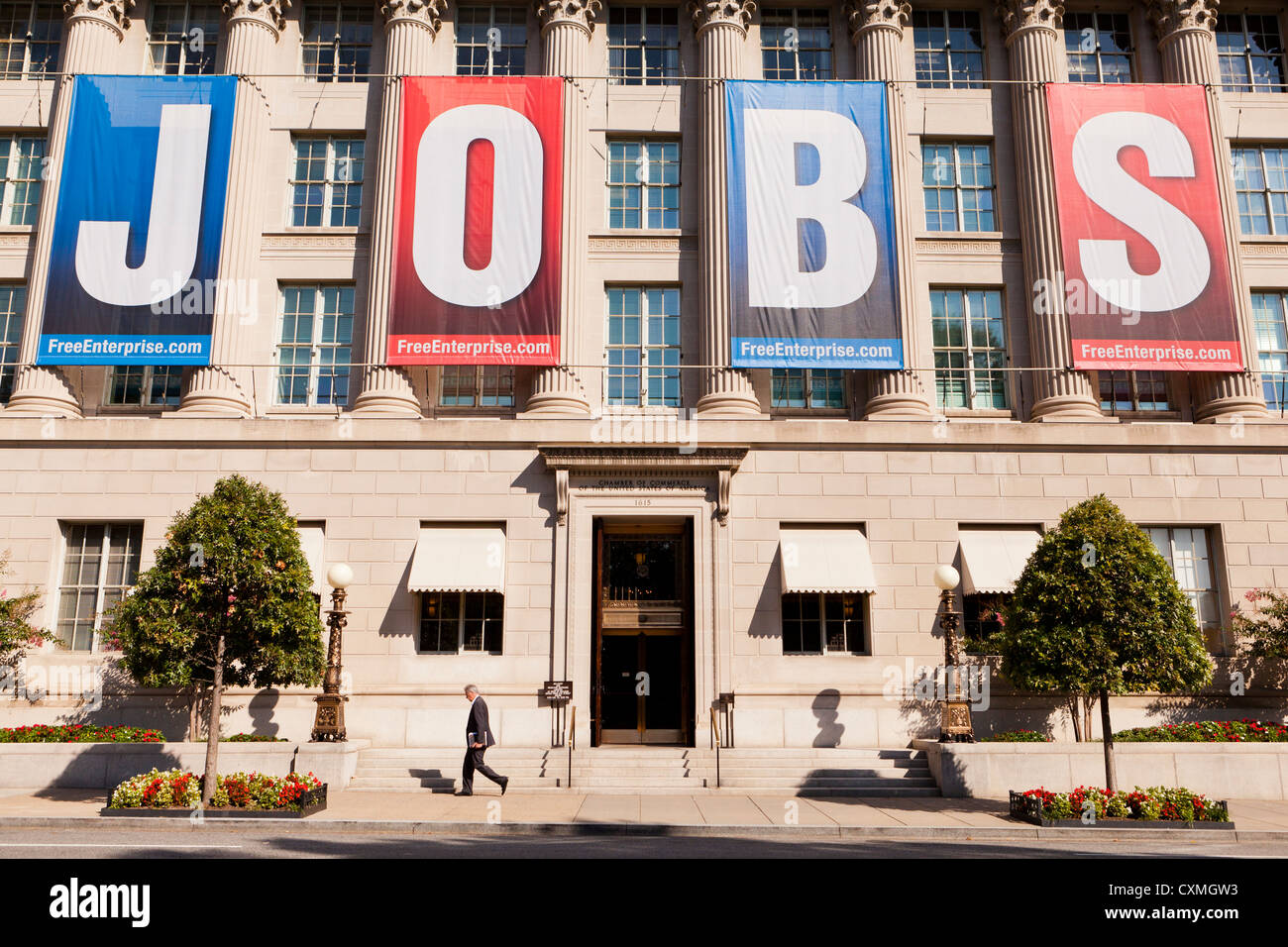 Large JOBS banner on US Chamber Of Commerce Building - Washington, DC USA Stock Photo