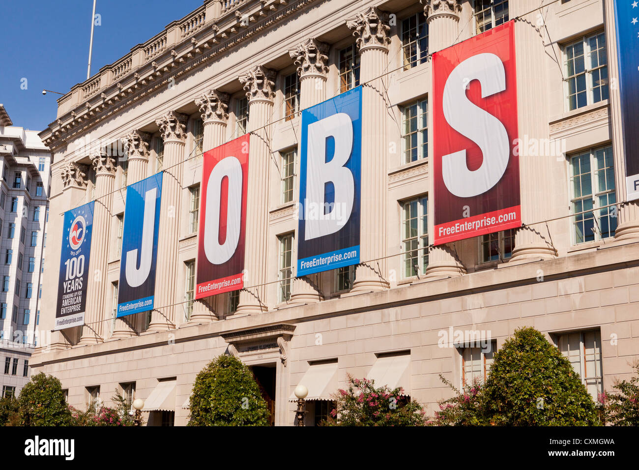 Large JOBS banner on US Chamber Of Commerce Building - Washington, DC USA Stock Photo