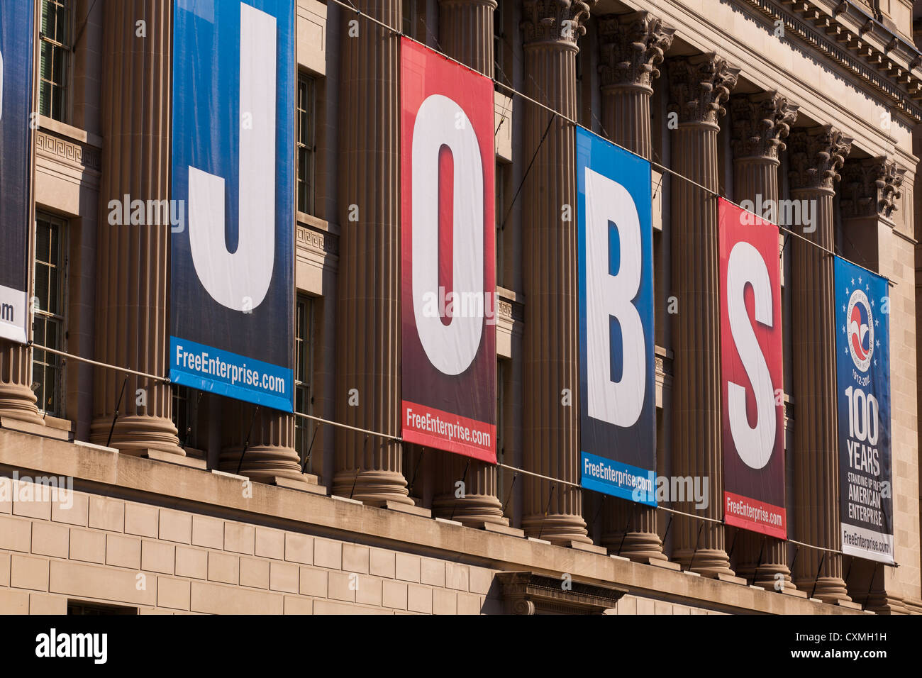 Large JOBS banner on US Chamber Of Commerce Building - Washington, DC USA Stock Photo