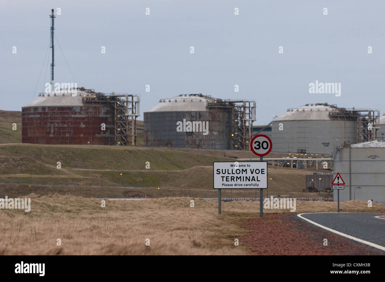 Entrance to Sullom Voe Oil Terrminal on the Shetland Isles Stock Photo