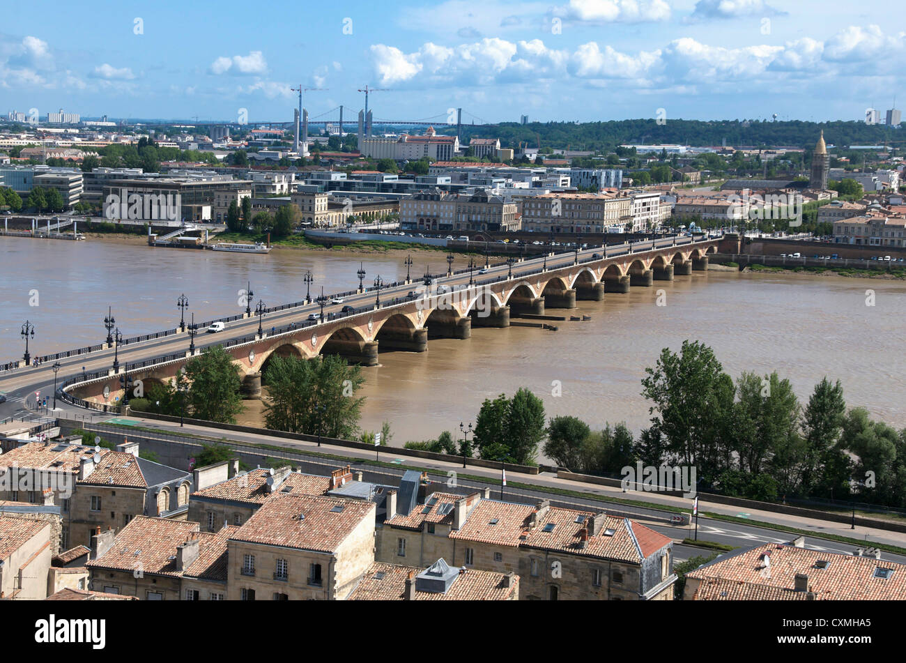 Bordeaux, France -  and river Garonne and Pont de Pierre bridge, Bordeaux city, Aquitaine, France Stock Photo