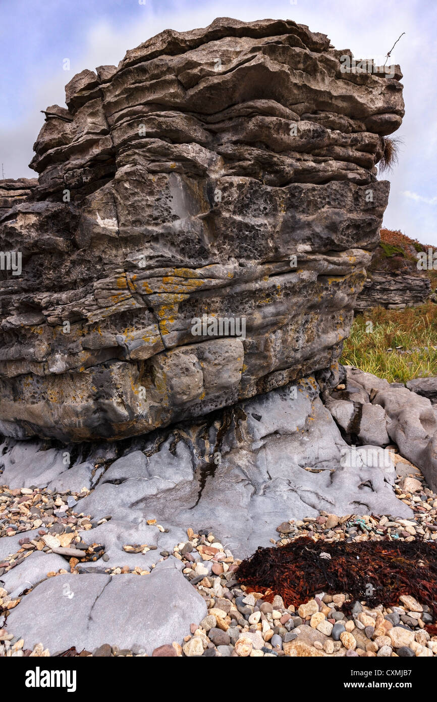 Weathered, eroded sedimentary rock on the beach, Boreraig, Isle of Skye, Scotland, UK Stock Photo