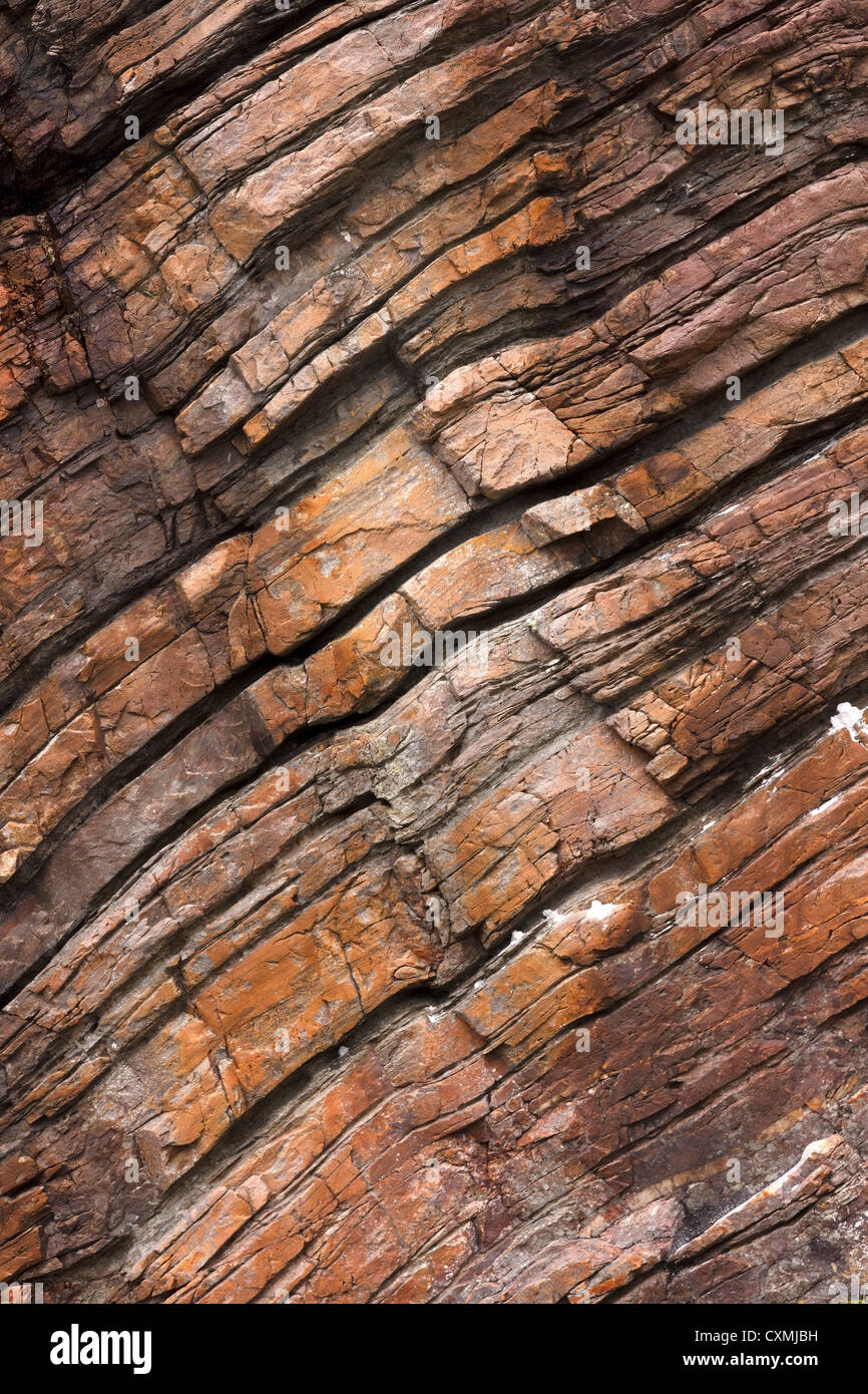 Eroded sedimentary sandstone rock strata on cliffs at Camas Daraich Bay, Point of Sleat, Skye, Scotland, UK Stock Photo