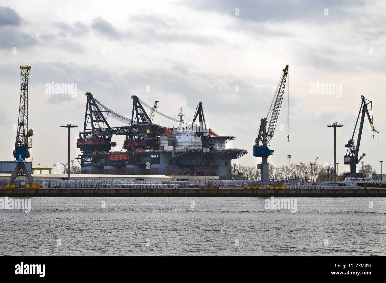 Worlds biggest semi-Submersible Crane Vessel Thialf for repair in dock at Verolme, the Netherlands Stock Photo