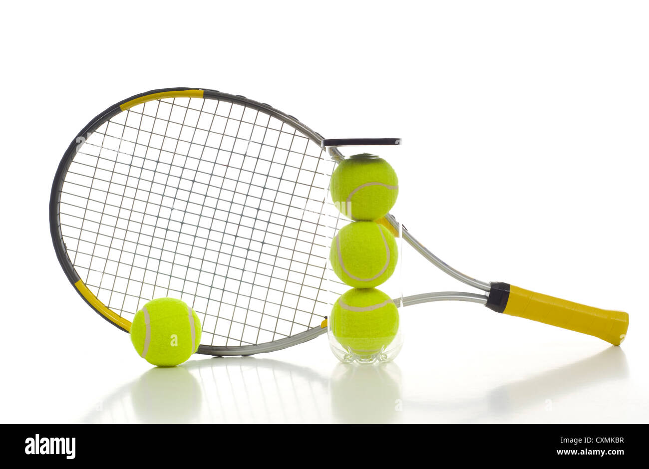 New tennis ball and a tennis racket on white background with copy space Stock Photo
