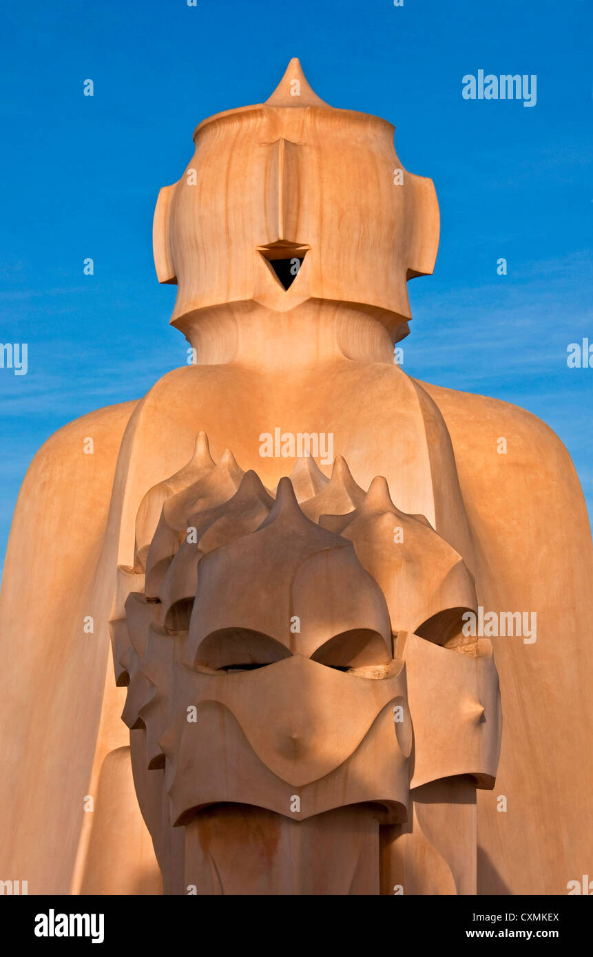 Antoni Gaudi sculpture (chimneys, vents) on roof of La Pedrera Museum ...