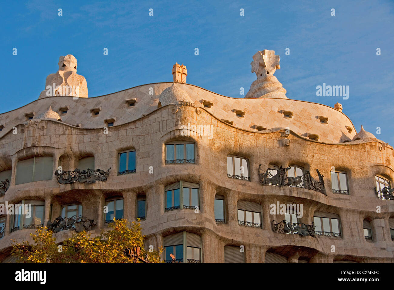 Antoni Gaudi sculpture (chimneys) on roof of La Pedrera Museum in Barcelona Stock Photo