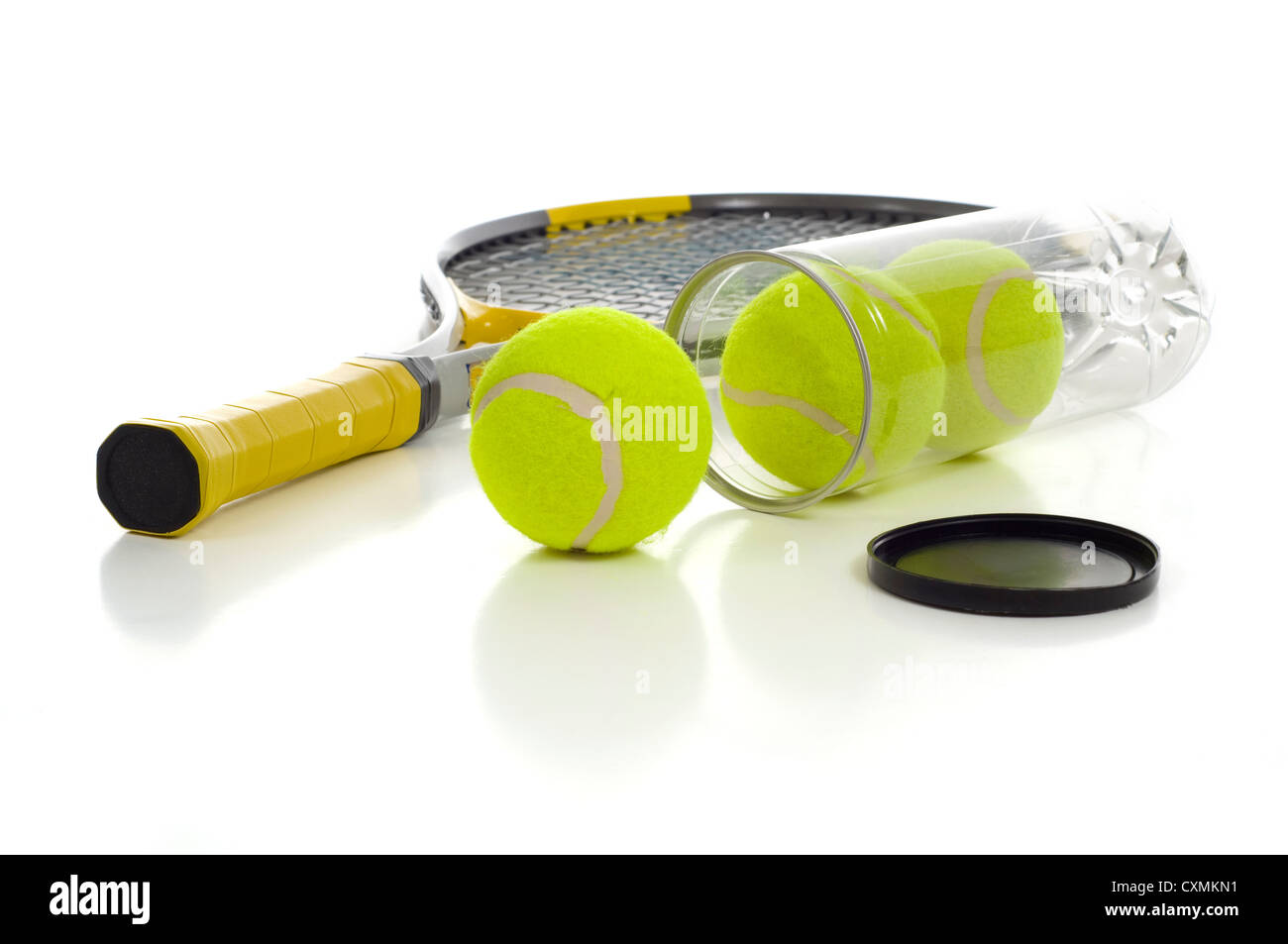 New tennis ball and a tennis racket on white background with copy space ...