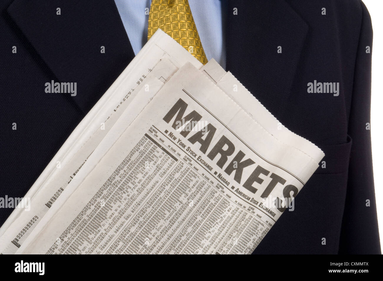 Business man carrying newspaper open to the market and business