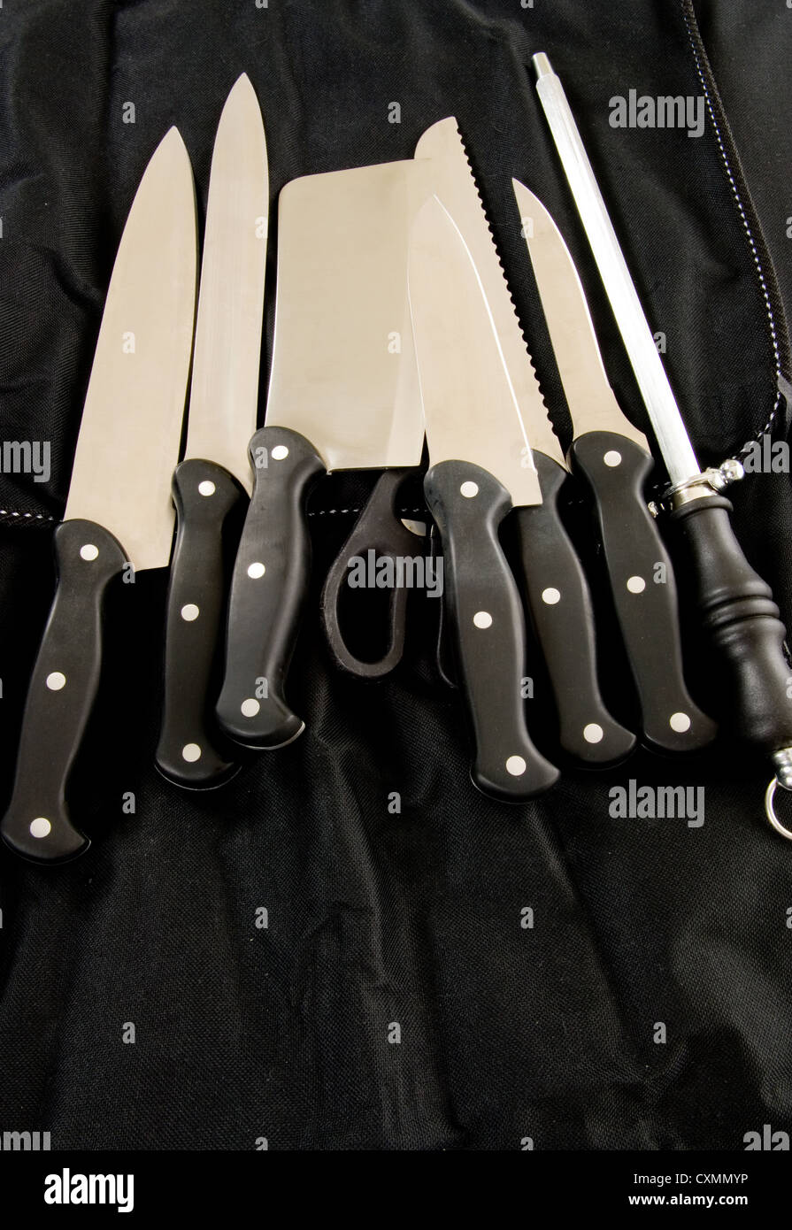 Chef, cooks knife set on black Stock Photo Alamy